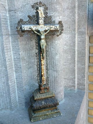 Antique Altar Standing Wooden Filigree Crucifix Metal Jesus Corpus Holy Lamb