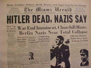 Vintage Newspaper Headline World War 2 Germany Nazi Adolf Hitler Dead Dies Wwii