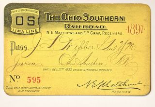 1897 The Ohio Southern Railroad Annual Pass J L Kibbee B R Stephens