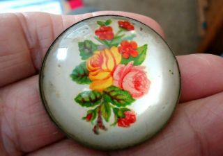Antique Roses Bridle Rosette Brass Domed Glass Button Pin Brooch