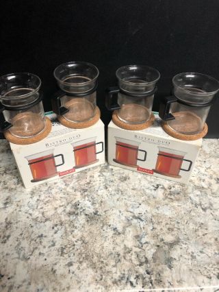 Set Of 4 Bodum Bistro - Duo 4502 Tea Glass Coffee Mugs With Black Handles 2 Boxes