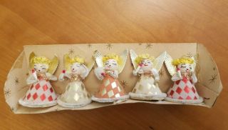 5 Vtg 50s/60s Christmas Putz Era Japan Paper & Chenille Angel Ornaments Box
