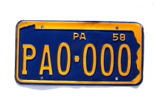 Vintage 1958 Pennsylvania Sample License Plate Pa0 - 000