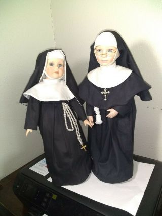 Vintage Maria Sisters 11 " 2 Doll Nun Black Dress With Belt Sleeping Eyes Cross