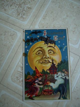 1910? Halloween Postcard,  Black Cat,  Witch,  Cauldron,  Moon,  Bats