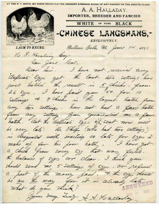 1890 San Jose California Keesling Chicken Letter On Letterhead Aa Halladay Vt
