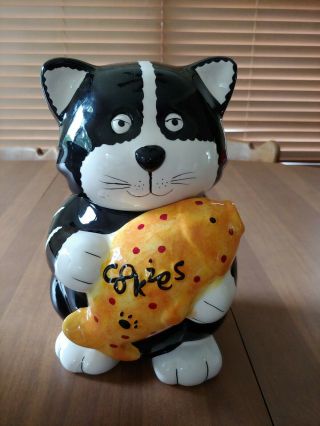 Black And White Cat With Fish Cookie Jar By Ckao