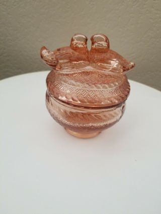 Vintage,  Pink Glass,  Lidded Powder Jar With 2 Birds On The Top