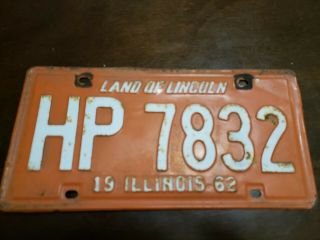 1962 Illinois License Plate Hp 7832 Land Of Lincoln Orange And White