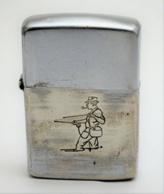 Vintage 1940s Zippo Lighter,  3 Barrel Hinge,  Fisherman.