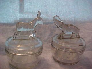 Vintage Jeanette Glass 2 Powder Jars Elephant & Donkey Trinket Jars.