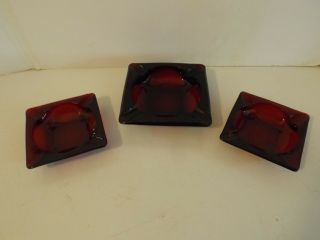 3 Vtg Anchor Hocking Ruby Red Glass Square Ash Trays Large Small Mid Century Euc