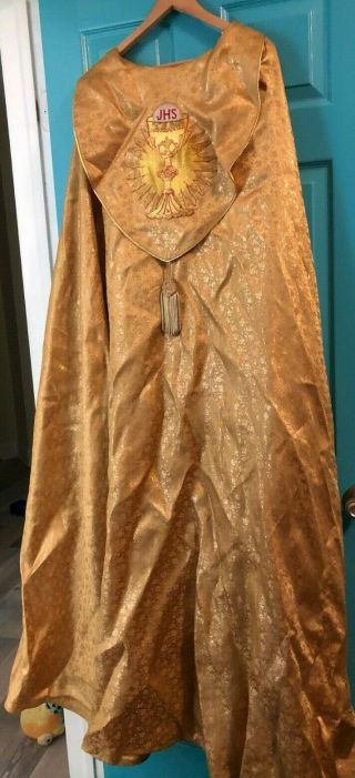 Gorgeous Rare Vintage Catholic Priests Bishops Gold Brocade Cope W/ Chalice Host