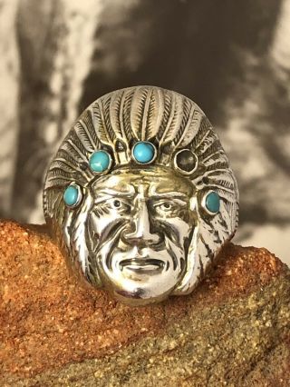 Old Pawn Navajo Sterling Silver Indian Chief Turquoise S9.  5 Ring 051919bbczgg