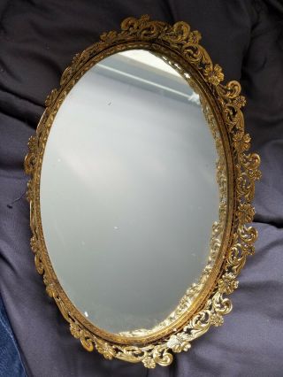 Vtg Gold Tone Ormolu Filigree Vanity Dresser Hollywood Regency Mirror Tray Oval