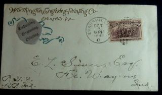1893 Letterhead Envelope Worthington Engraving & Printing Evansville Indiana