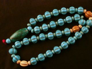 24 " Lovely Tibetan Turquoise Carved Beads Necklace W/large Bead Pendant H019