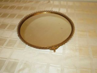 Vintage Round Vanity Mirror With Gold Filigree Sides And Raised Legs