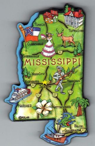 Mississippi Ms Artwood State Map Magnet Jackson Natchez Gulfport Biloxi