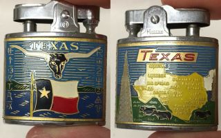 Vtg Flat Enamel Lighter.  Texas N Map/ Texas Longhorns And Flag