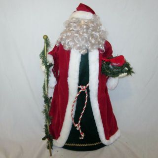 Classic Santa Claus Figure 24 " Tall Large Red Green Decoration W/ Staff Wreath