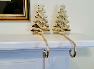 Two Solid Brass Christmas Tree Mantel Stocking Hangers