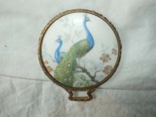 Vintage Antique Small Hand Mirror W/ Porcelain Medallion Peacock Decoration