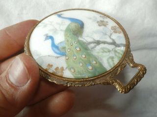 Vintage Antique Small Hand Mirror w/ Porcelain Medallion Peacock Decoration 2