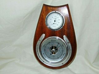 Vintage Wall Mounted Wood & Chrome Metal Horseshoe Design Barometer Thermometer