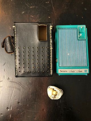 Vintage Sears Green Solid State Am Radio With Black Leather Case And Headphone