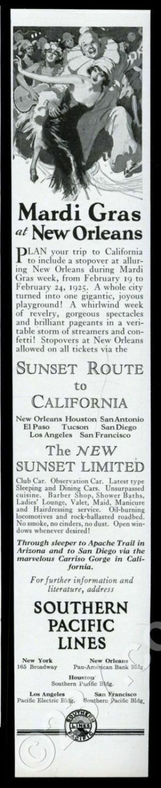 1925 Mardi Gras Orleans Art Southern Pacific Railroad Vintage Print Ad