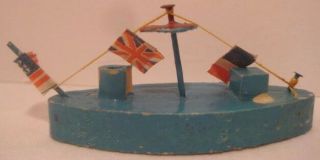 Tiny Blue Antique Wooden Folk Art Putz Toy Ship W 3 Flags 2 3/8 " Japan Boat 1930