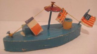 Tiny Blue Antique Wooden Folk Art Putz Toy Ship w 3 Flags 2 3/8 