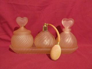 Vintage Pink Satin Glass Vanity Tray,  Decanter Bottle,  Lidded Jar And Atomizer