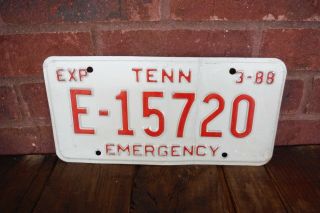 1988 Tennessee Emergency License Plate " E - 15720 " Tn Tenn (bent) B1