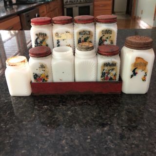Vintage Milk Glass Spice Jars Marked Made In The Usa With Red Metal Rack