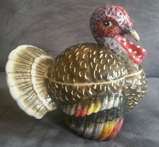 Vintage Thanksgiving Turkey Dish Or Bowl With Lid Hand Painted Made In Italy