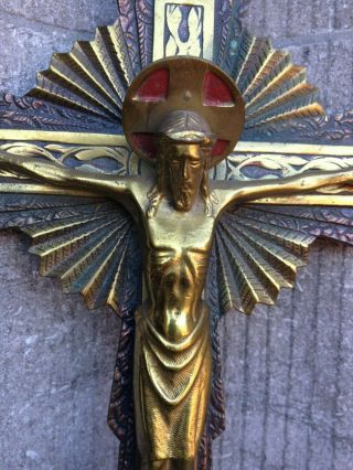 Huge Antique Vintage Art Deco Priest Nun Bronze Altar Wall Cross Jesus Christ