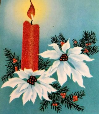 Red Glass Bead Candle White Poinsettia 1945 Christmas Vtg Card