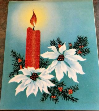Red Glass Bead Candle White Poinsettia 1945 Christmas Vtg Card 2