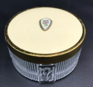 Vintage Art Deco Tulips On Footed Ribbed Glass Powder Jar Box W Brass Lid