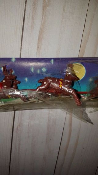 Vintage Plastic Santa In Sleigh With 6 Brown Reindeer,  Made In Hong Kong,  9.  5 " L