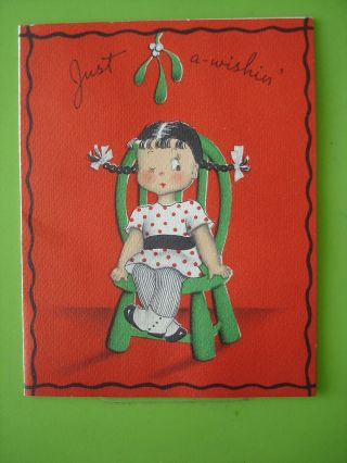 Vtg.  Norcross Christmas Card - Susie - Q Sits & Waits Under Mistletoe - 1941