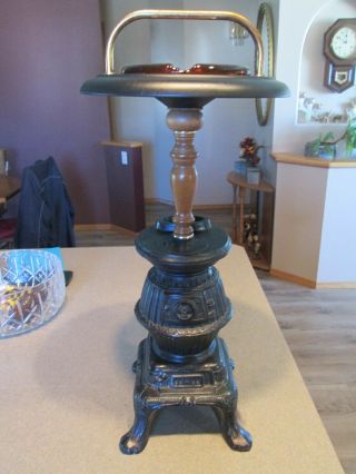 Vintage Pot Belly Stove Ashtray Stand W/ Amber Glass Ashtray 22 " Tall