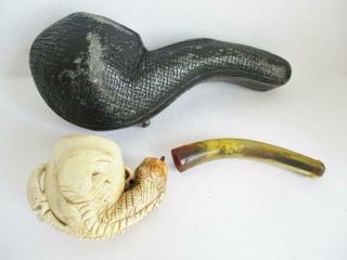 Antique Meerschaum Pipe Carved Talon Bowl In Leather Case