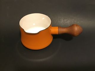 Vintage Dansk Designs France Ihq Orange Enamel Sauce Pot With Wooden Handle