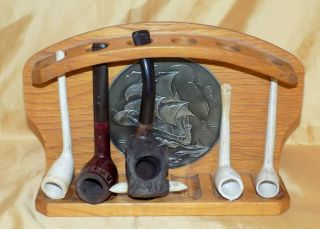 Arts & Crafts Handcrafted Teak Smokers Pipe Stand With Pewter Gallion Roundel