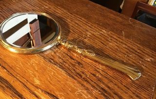 Vintage Gold Ormolu Vanity Hand Mirror Double Sided Beveled 10” Leaves