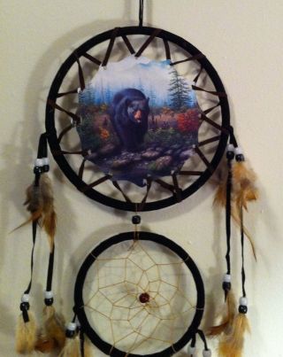 Cherokee 27 " Black Dream Catcher,  Black Bear Printed On Canvas,  Feathers,  Beads