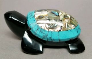 Turtle Figurine Paperweight Obsidian Stone Inlaid Turquoise Stone Abalone Shell